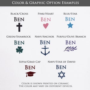 May include: A graphic showing different color and graphic options for a personalized ceramic tile. The options include a cross, heart, star, shamrock, anchor, olive branch, graduation cap, and Star of David. The text "BEN" is shown in each example.