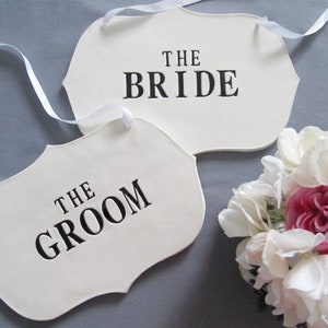 Large The Bride & The Groom Wedding Sign Set to Hang on Chair, Wedding Decorations and Photo Prop READY TO SHIP Black