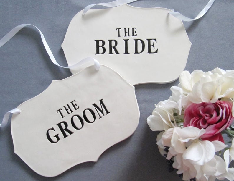 Large The Bride & The Groom Wedding Sign Set to Hang on Chair, Wedding Decorations and Photo Prop READY TO SHIP Black