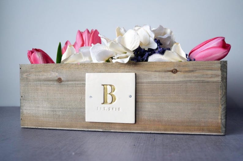 Natural Pine Wood with Painted Initials - Personalized Wedding Gift - Wedding Centerpiece Planter Box image 2