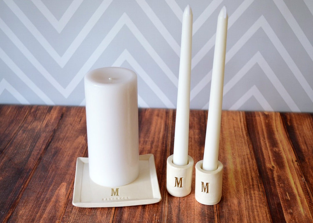 PERSONALIZED Unity Candle Set With Ceramic Candle Holders and Square