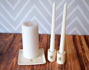 PERSONALIZED Unity Candle Set with Ceramic Candle Holders and Square Plate - Wedding Unity Candle