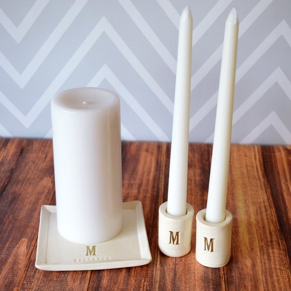 PERSONALIZED Unity Candle Set with Ceramic Candle Holders and Square Plate - Wedding Unity Candle