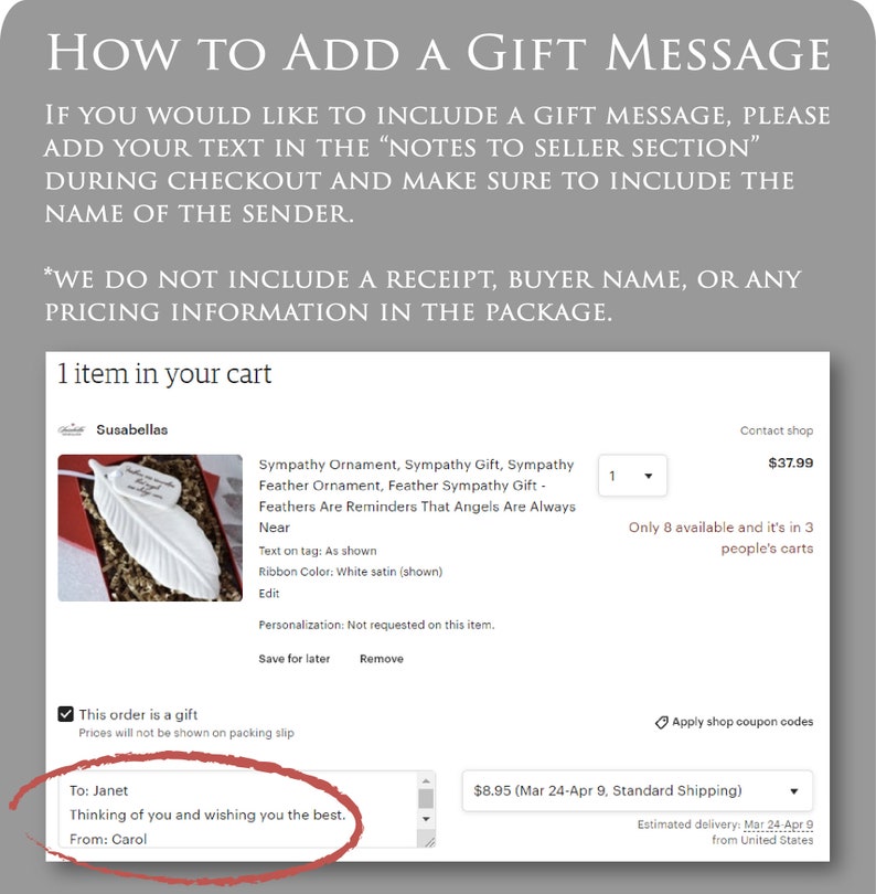 May include: A white feather ornament with the text "Feathers Are Reminders That Angels Are Always Near" on a white satin ribbon. The ornament is a sympathy gift and is available for purchase online.