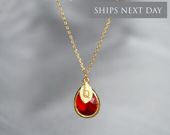 Personalized Ruby Necklace, July Birthstone Necklace, Bridesmaid Necklace, Custom Initial Necklace, Birthday Gift for Her, Tear Drop Pendant