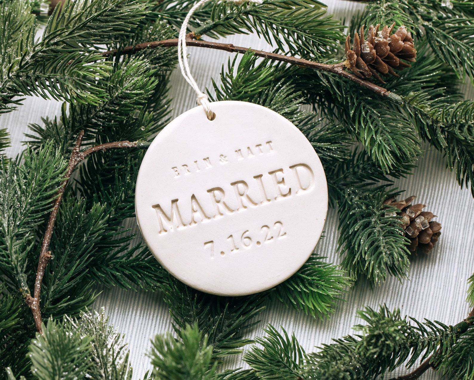 Handmade Ornament, MARRIED with Personalized Names & Wedding Date - Wedding Gift, Bridal Shower Gift or Christmas Present - Custom Ornament