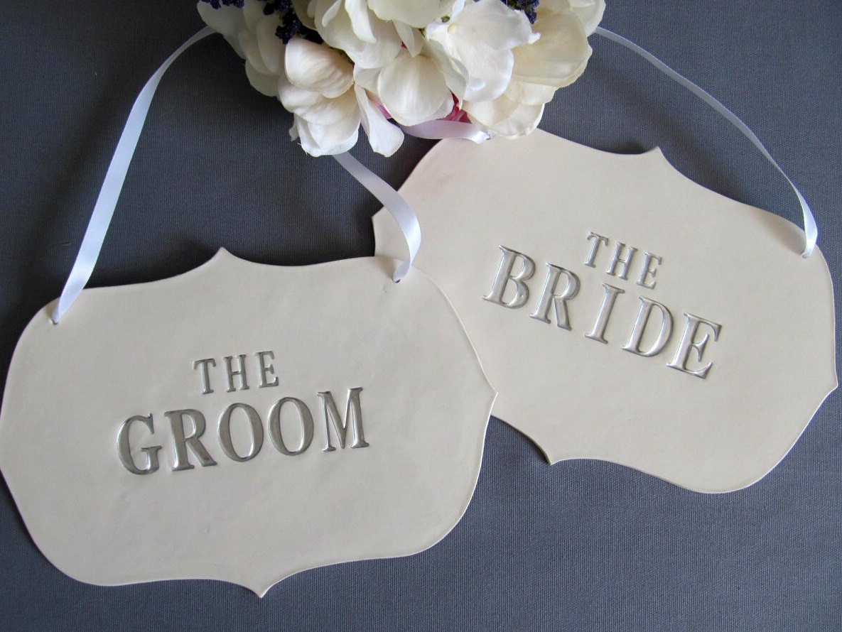 Large 'The Bride' & 'The Groom' Wedding Sign Set to Hang on Chair and Photo Prop - Available in silver, gold or black text - READY TO SHIP