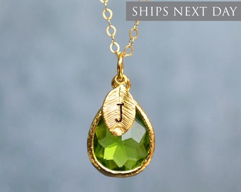 August Birthstone Necklace, Peridot Necklace, 18K Gold or Sterling Silver, Wife Gift, Personalized Teardrop Necklace, Bridesmaid, Mom Gift