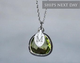 Personalized Peridot Necklace, August Birthstone Necklace, Bridesmaid Necklace, Custom Initial Necklace, Gift for Her, Peridot Jewelry