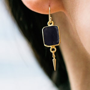 Sapphire Earrings, September Birthstone Jewelry, Gift for Her, Genuine Sapphire, Handmade Jewelry, Gemstone Slice Earrings, Gold or Silver