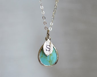 Personalized Turquoise Necklace, December Birthstone Necklace, Teardrop Bridesmaid Necklace, Custom Initial Necklace, Birthday Gift for Her