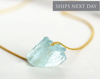 Raw Aquamarine Necklace, March Birthstone, Gold Filled or Sterling Silver