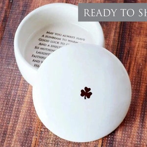 Baptism Gift, First Communion Gift or Confirmation Gift, Religious Gift - READY TO SHIP - With Irish Blessing - Round Keepsake Box