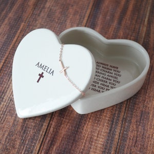 This lovely heart shaped keepsake box would be a perfect Christening, baptism , first communion, or confirmation gift. It is made of earthenware clay, has an Irish blessing prayer inside, and comes with a necklace or bracelet. Can be personalized.