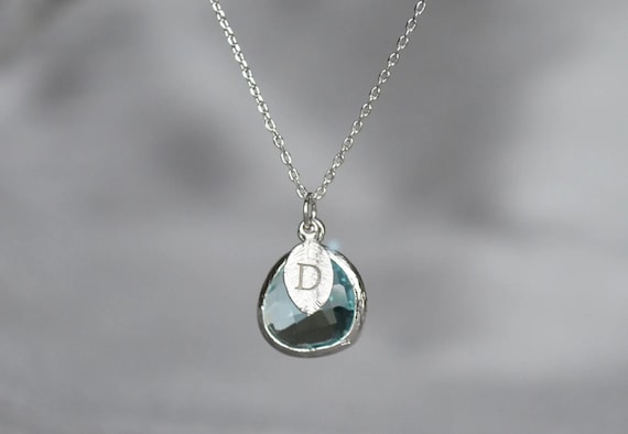 March Birthstone Necklace, Personalized Aquamarine Necklace, Bridesmaid Necklace, Custom Initial Necklace, Gift for Her, Aquamarine Jewelry
