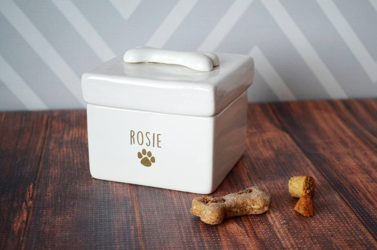 Pot de Friandises Pour Chiens Personnalisé, Récipient Chiens, Cadeau - avec Un Nom en Or ou Argent