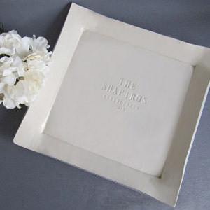 Handmade, white ceramic square serving tray with personalized name and wedding date. Give as wedding gift or use as a guest signature plate (alternative guest book)