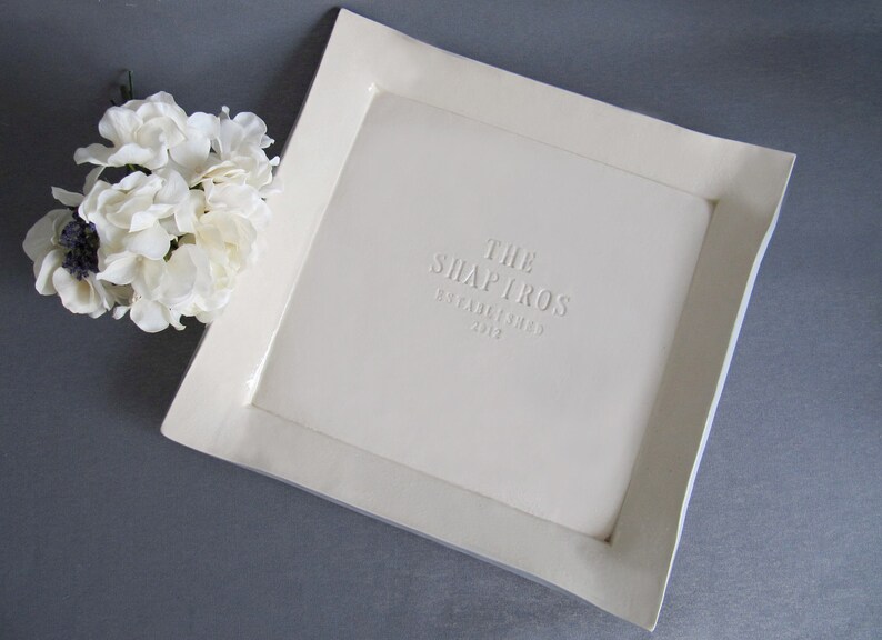 Handmade, white ceramic square serving tray with personalized name and wedding date. Give as wedding gift or use as a guest signature plate (alternative guest book)