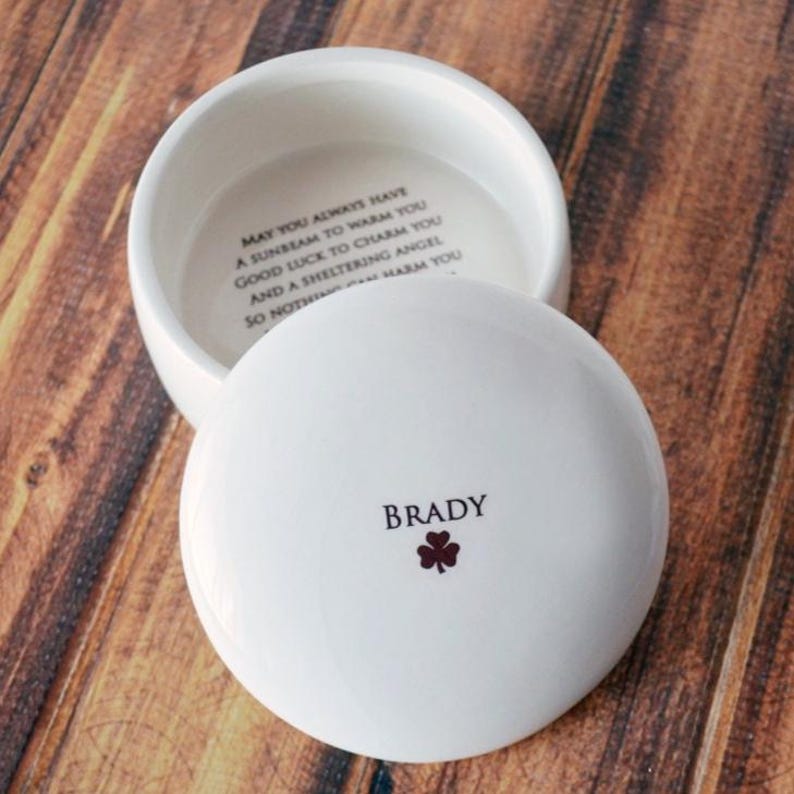 This lovely round keepsake box would be a perfect baptism, christening, first communion, or confirmation gift. It has an Irish blessing prayer and can be personalized.