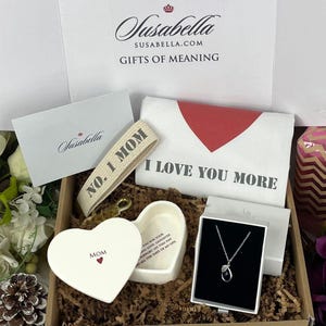 Mama Geschenkbox, personalisierte Herz Aufbewahrungsbox, Geburtsstein Halskette, Geschenkset, Geschirrtuch, #1 Mama Schlüsselbund, individuelle Karte, Mama Geburtstagsgeschenk