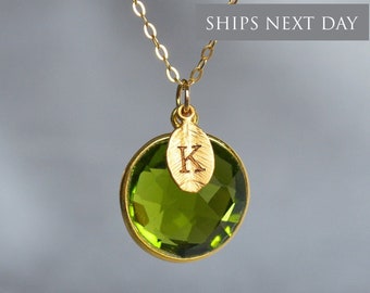 August Birthstone Necklace, Peridot Necklace, 18K Gold or Sterling Silver, Wife Gift, Personalized Round Necklace, Bridesmaid, Mom Gift