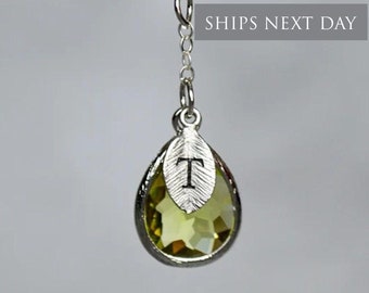 Peridot Necklace, August Birthstone Necklace, Bridesmaid Gift, Mom Birthstone Necklace, Initial Necklace, Mom Gift, Grandma Necklace