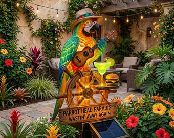 Solar Parrot Garden Statue, Tropical Tiki Bar Decor, Metal Parrot Head Paradise Sign, Outdoor Patio Yard Art, Jimmy Buffett Fan Gift