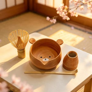 Può includere: Un set da tè matcha in legno marrone chiaro composto da una ciotola con orecchie da orso e un musetto, un frustino in bambù, un cucchiaio in bambù e un piccolo contenitore cilindrico. La ciotola ha una finitura liscia con venature del legno.