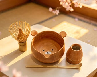 Juego de cuencos para matcha con forma de osito, cuencos de cerámica pintados a mano, gran capacidad, regalo personalizado para amantes del matcha.