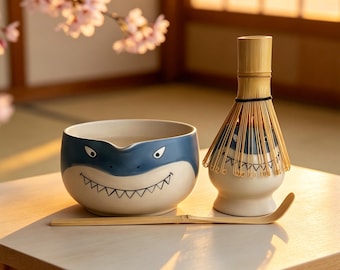 Personalized Hand Painted Ceramic Matcha Bowl, Cute Shark Design, Large Capacity Tea Bowl Set, Unique Birthday Gift