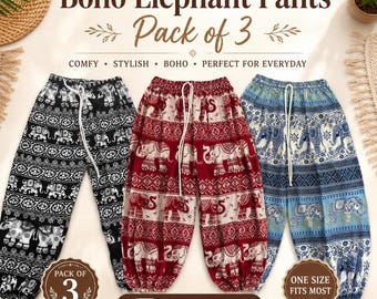 Boho Elephant Harem Pants Pack of 3 | Thai Hippie Yoga Pants | Festival Beach Travel Trousers | Unisex Lounge Wear | Free Shipping