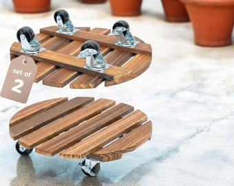 Heavy Duty Rolling Plant Caddy Set of 2 – 12 Inch Wooden Plant Stand with Locking Wheels for Large Pots Indoor Outdoor, Mobile Planter Dolly