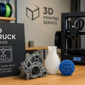 Könnte beinhalten: Ein schwarzes Schild mit weißem Text 3D DRUCK SERVICE und IDEEN. DESIGN. DRUCK. WIR BRINGEN IHRE IDEEN ZUM LEBEN. Daneben stehen ein graues mechanisches 3D-Druckteil, eine weiße Spiralvase, eine blaue geometrische Kugel und ein schwarzer 3D-Drucker.