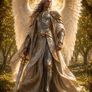 Peut inclure: Une silhouette dotée de grandes ailes blanches emplumées, vêtue d'une armure argentée et dorée ornée, accompagnée d'une longue cape crème fluide. Elle tient une longue épée à la garde détaillée dans un verger ensoleillé avec des fruits.