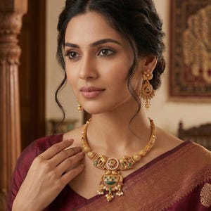 Antique Gold Plated Indian Temple Jewelry Set, Elephant & Floral Motifs, Ruby Emerald Pearls