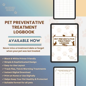 Könnte beinhalten: Ein digitales Logbuch für präventive Haustierbehandlungen auf Tablets, mit einem Cover aus Tiersilhouetten und dem Text PET PREVENTATIVE TREATMENT LOGBOOK. Das Layout enthält Tabellen zur Nachverfolgung von Floh-, Zecken- und Wurmkuren.