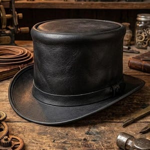 Cappello a cilindro in pelle steampunk, cappello a cilindro gotico in pelle El Dorado nero, cappello vittoriano per cosplay, copricapo in pelle realizzato a mano