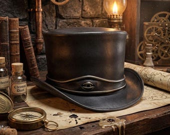 Handgemaakte lederen steampunk cilinderhoed met oogdetail, gotische Victoriaanse goochelaar hoed, LARP Renaissance Faire hoofddeksels cosplay