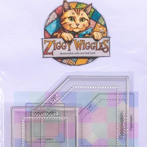 May include: A 3" Bowtie Set by Ziggy Wiggles featuring a clear acrylic template for a 1.75" square and a 3" bowtie. The packaging displays a cat illustration and the text Ziggy Wiggles Handcrafted with care and Love. The templates have etched markings.