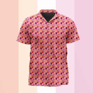 Camisa informal de botones con estampado de azulejos y la bandera del orgullo lésbico de estilo moderno de mediados de siglo.