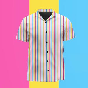 May include: A short-sleeved button-down shirt featuring a vertical striped pattern in bright pink, yellow, and light blue on a white background. The shirt has a classic collar, a black inner neckline, and a front placket with six black buttons.
