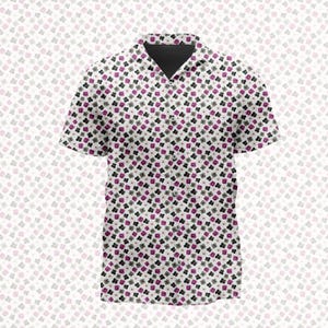 May include: A short-sleeved button-down shirt featuring a repeating pattern of small, four-petaled flowers in shades of magenta, dark grey, and black against a white background, with a classic collar and a front button placket.