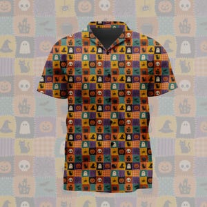 Halloween Icons Patchwork Pattern Casual Button Up