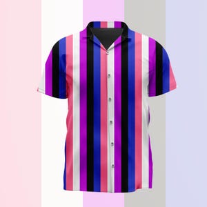 May include: A short-sleeve button-down shirt featuring a vertical striped pattern in alternating colors of black, bright blue, magenta, and white. The shirt has a classic collar, a front button placket with white buttons, and a straight hemline.