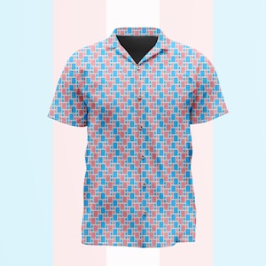 Camisa casual de botões com estampa da bandeira do orgulho transgênero e detalhes modernos.