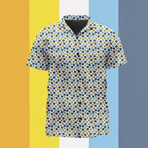 May include: A short-sleeve button-down shirt featuring a repeating pattern of small, five-petaled flowers in shades of navy blue, yellow, and light blue against a white background, with a dark collar and a vertical row of black buttons.