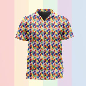 Camisa informal de botones con estampado de azulejos y la bandera del orgullo LGBTQIA+ arcoíris.