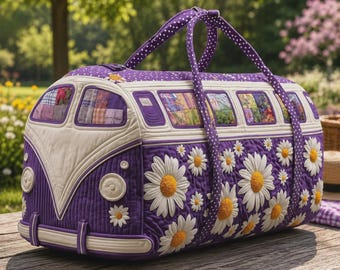 Quilted Camper Van Duffle Bag: Floral Retro Weekender Travel Tote