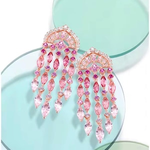 925 Sterling Silver Ombre Pink Sapphire & Ruby Teardrop Earrings | Elegant Bridal Jewelry for Women