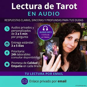 Può includere: Un annuncio digitale per letture di tarocchi audio con testo in spagnolo. La grafica include uno sfondo viola, un'icona circolare con cuffie e una carta dei tarocchi che mostra un'illustrazione colorata di un gatto. Il testo descrive le opzioni.